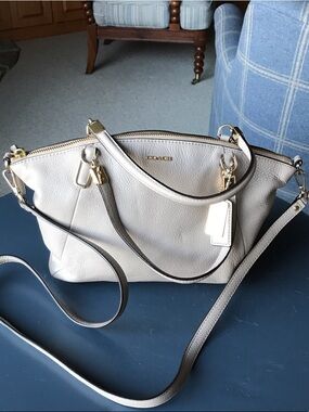 Coach White Pebbled Leather Shoulder Satchel with Gold Hardware